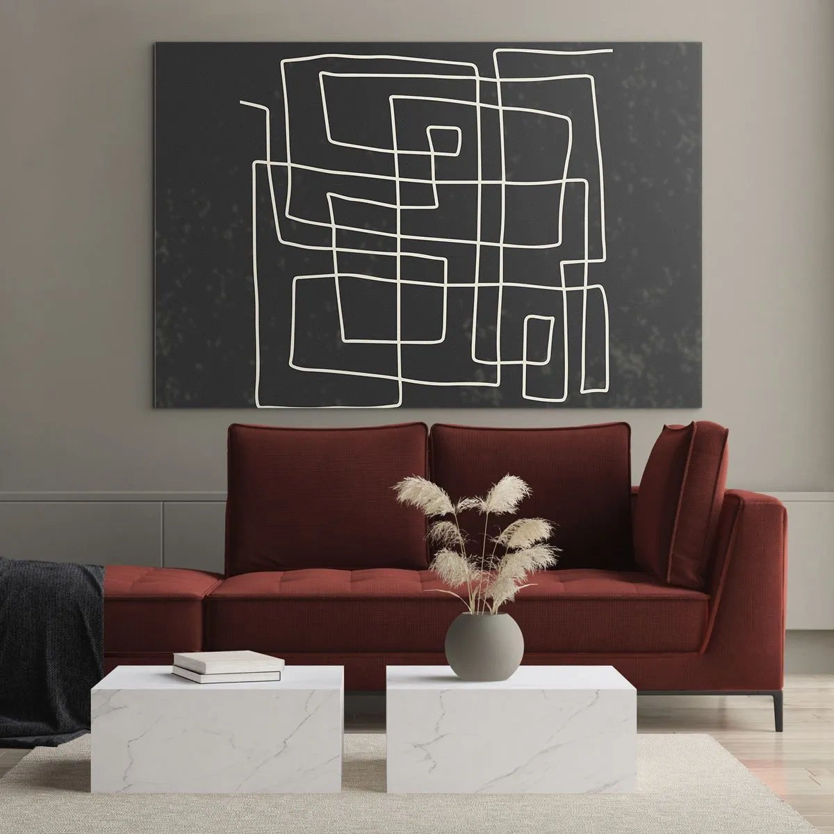Tablou pe sticlă - Abstracție geometrică cu linii albe pe fundal negru - 70x50cm - Nu atât de simplu - Decorațiune modernă pentru perete pentru living și dormitor ARTTOR