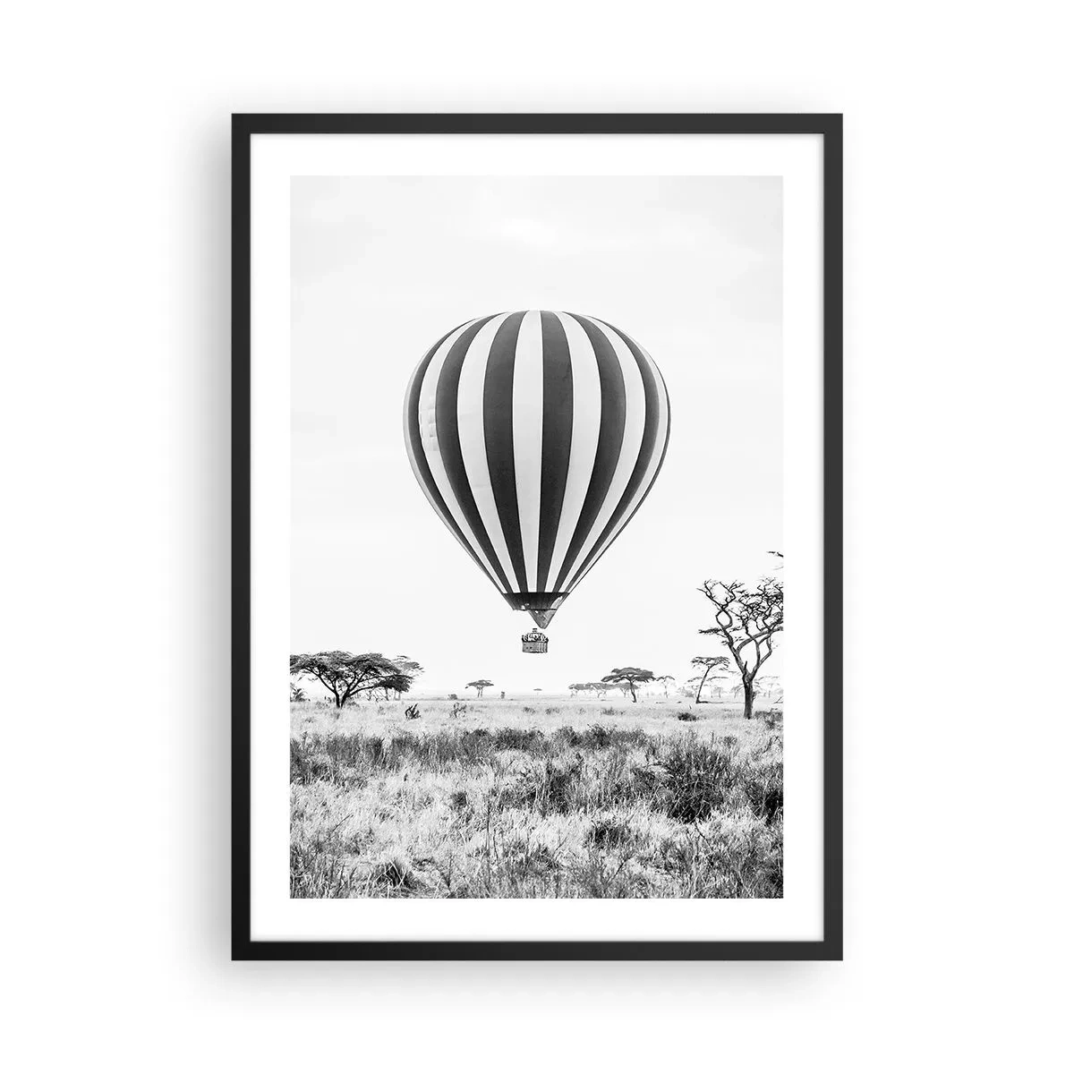 Poster în ramă neagră - Un balon cu aer cald plutind deasupra savanei în alb și negru. - 50x70cm - Peste savană - Decorațiune modernă pentru perete pentru living și dormitor ARTTOR