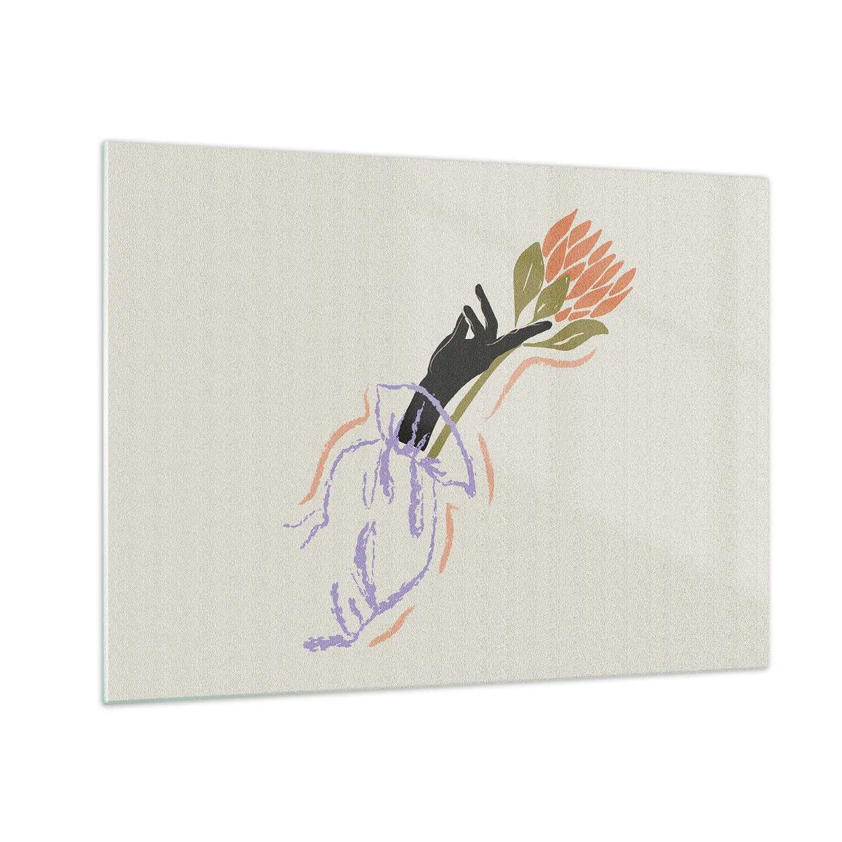 Tablou pe sticlă - O mână stilizată cu un buchet de flori desenate cu linii pastelate. - 70x50cm - Atingere surorială - Decorațiune modernă pentru perete pentru living și dormitor ARTTOR