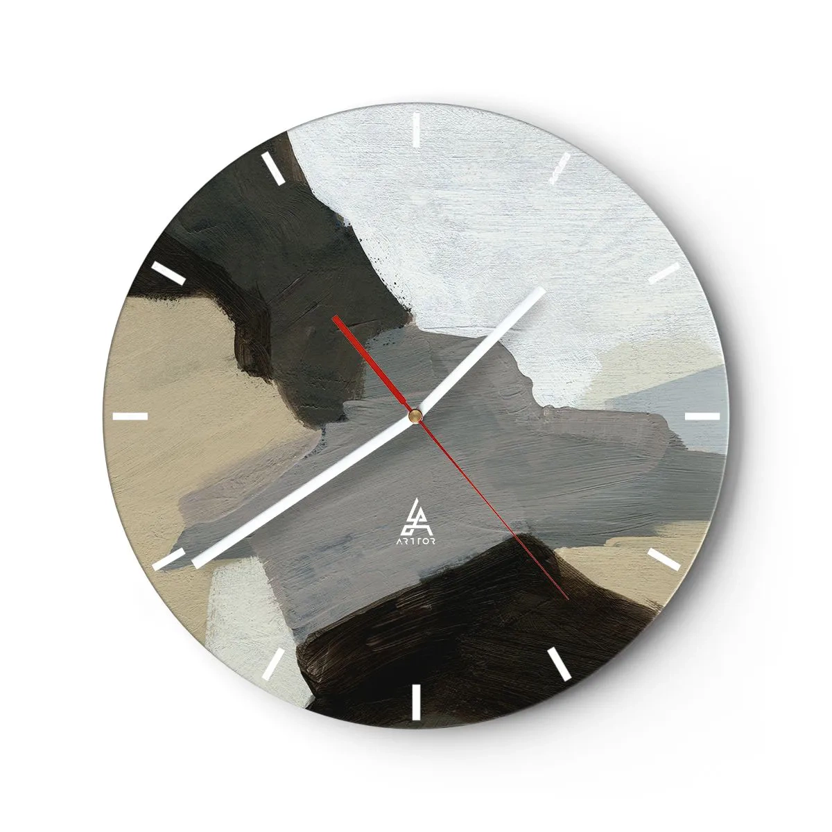 Ceas de perete - Ceas pe sticlă - Compoziție abstractă în nuanțe de gri și bej - 30x30cm - Abstracție: despărțirile griului - Decorațiune modernă pentru perete pentru living, bucătărie și dormitor ARTTOR