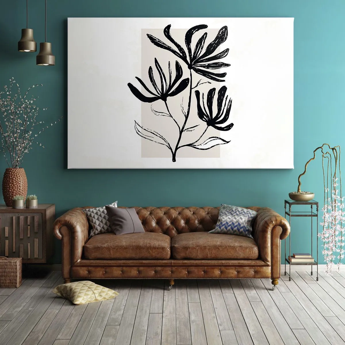 Tablou pe pânză Canvas - Motiv floral minimalist alb-negru - 70x50cm - Schiță pentru ierbar - Decorațiune modernă pentru perete pentru living și dormitor ARTTOR