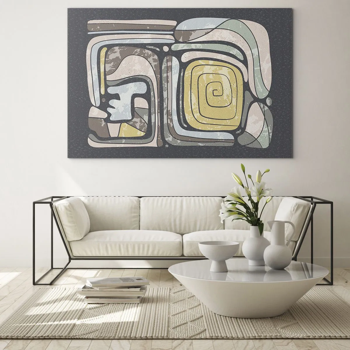 Tablou pe sticlă - Abstracție geometrică în tonuri pământii pe fundal negru - 70x50cm - Abstracție în spirit precolumbian - Decorațiune modernă pentru perete pentru living și dormitor ARTTOR