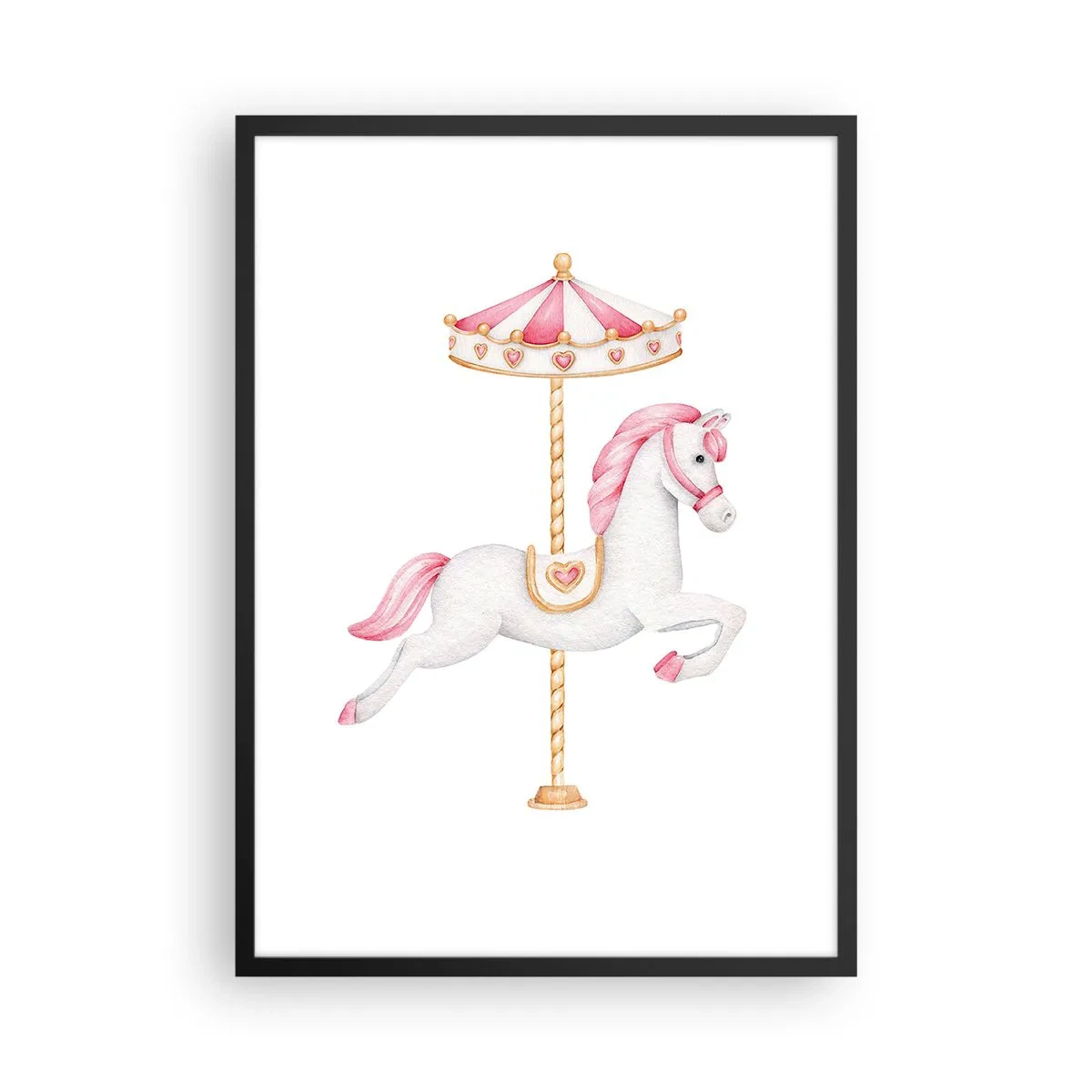 Poster în ramă neagră - Un cal alb fermecător pe un carusel în culori pastelate - 50x70cm - A pornit la cursă - Decorațiune modernă pentru perete pentru living și dormitor ARTTOR