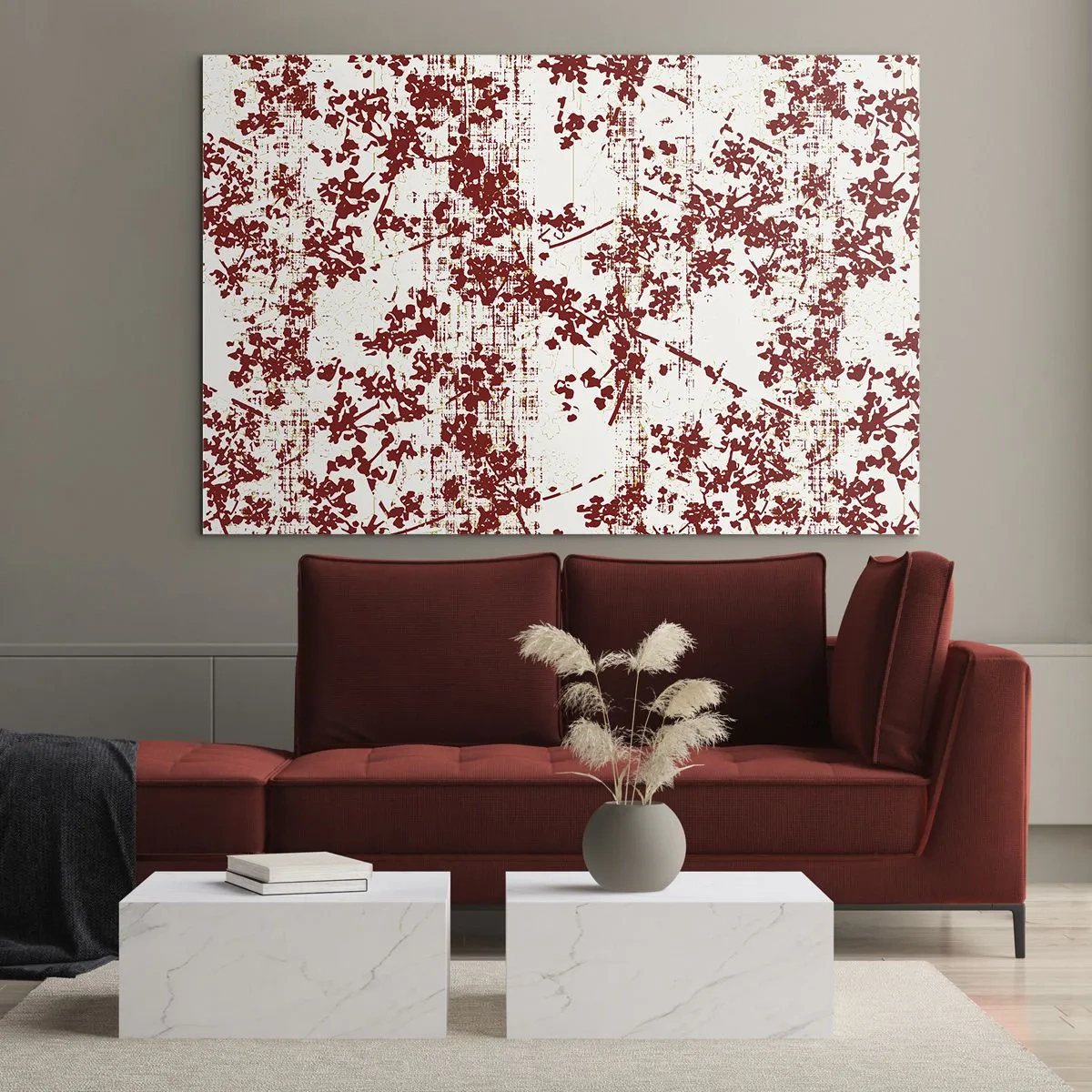 Tablou pe sticlă - Un model floral în roșu pe un fundal deschis, decolorat - 70x50cm - Ca un percal vechi - Decorațiune modernă pentru perete pentru living și dormitor ARTTOR