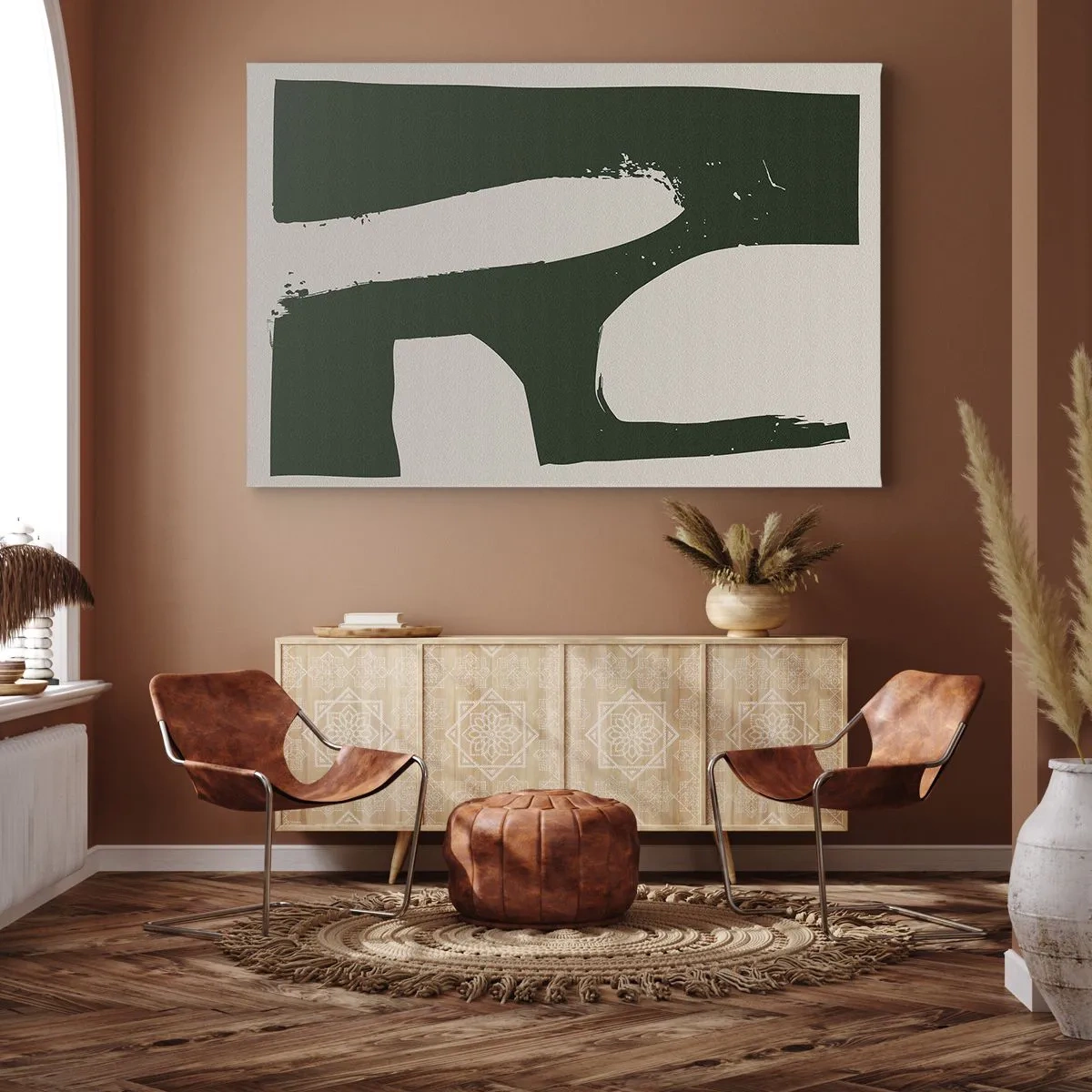 Tablou pe pânză Canvas - Rezumat minimalist în verde pe un fundal deschis - 70x50cm - Golfuri de alb - Decorațiune modernă pentru perete pentru living și dormitor ARTTOR