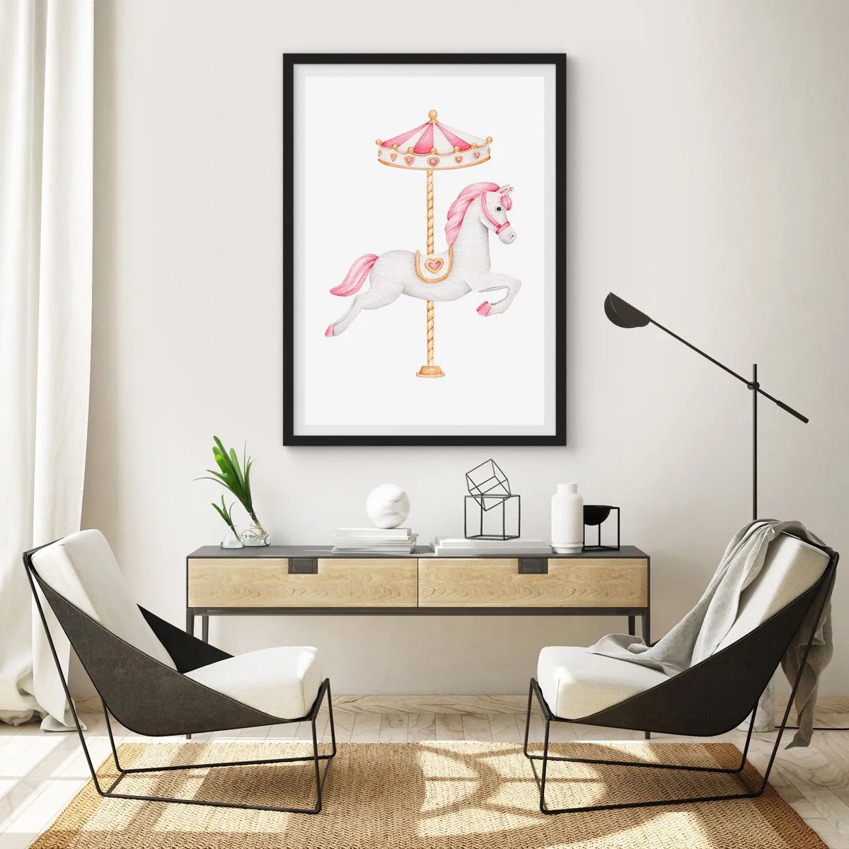 Poster în ramă neagră - Un cal alb fermecător pe un carusel în culori pastelate - 50x70cm - A pornit la cursă - Decorațiune modernă pentru perete pentru living și dormitor ARTTOR