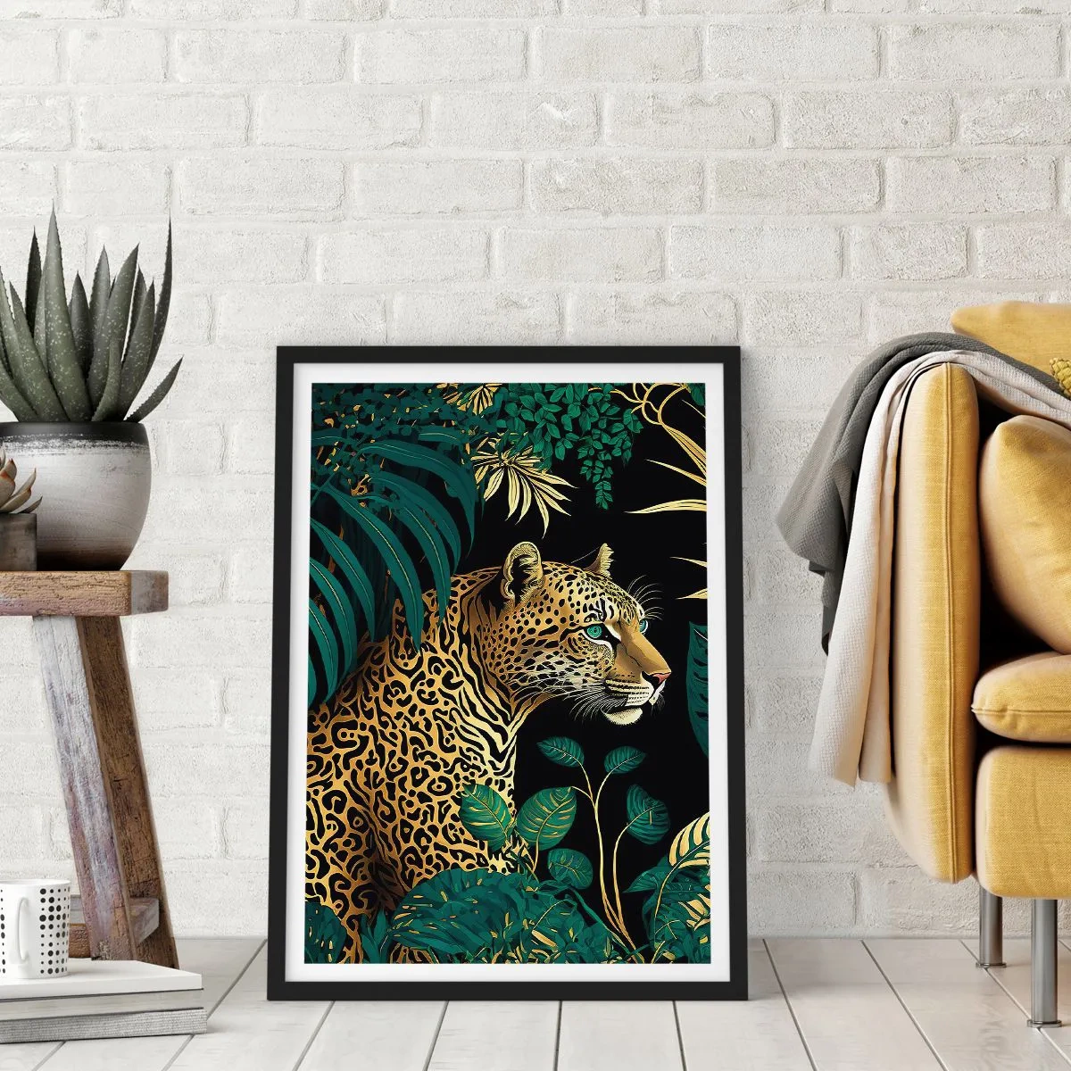 Poster în ramă neagră - Leopard auriu în jungla tropicală - 50x70cm - Domnitorul junglei - Decorațiune modernă pentru perete pentru living și dormitor ARTTOR