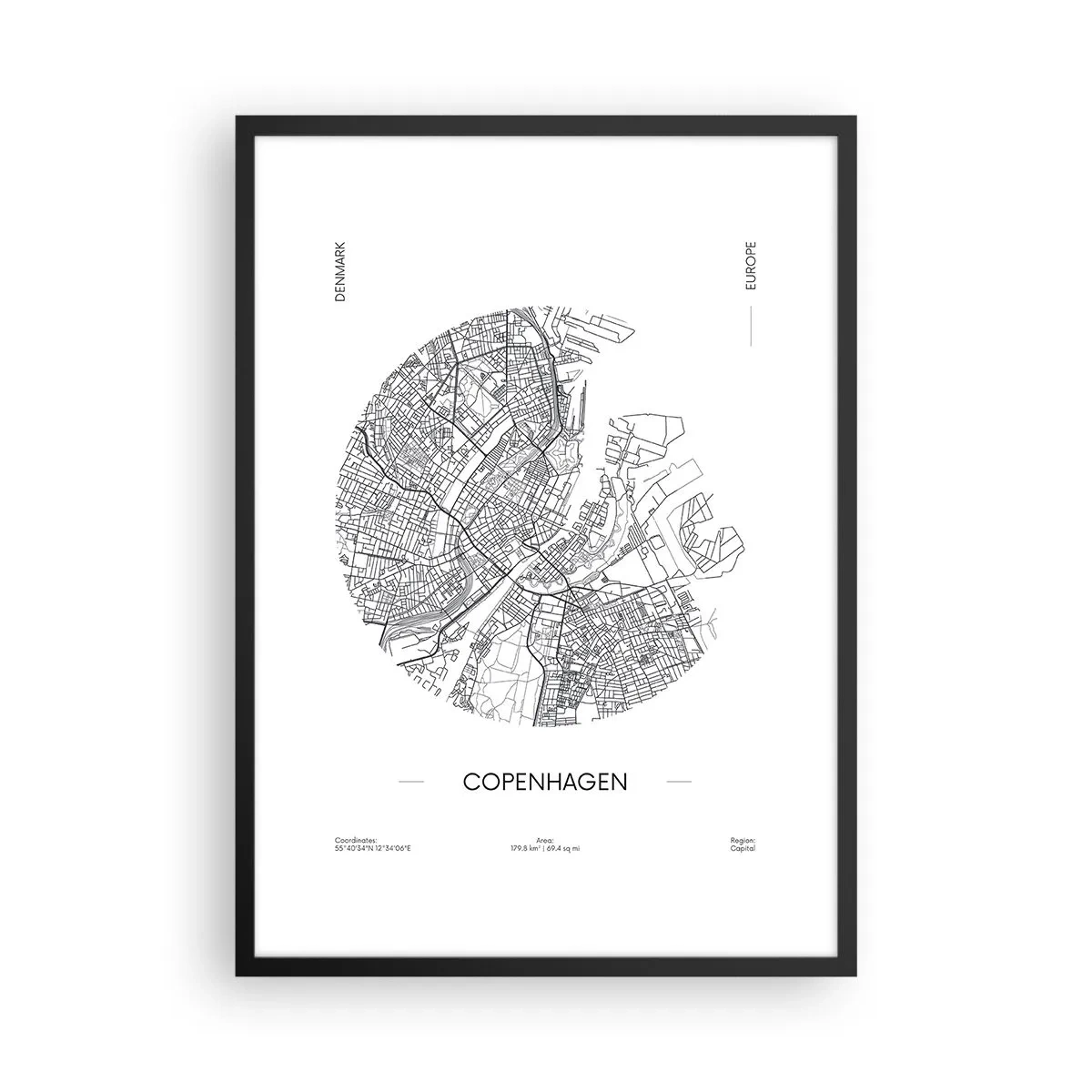 Poster în ramă neagră - O hartă minimalistă a Copenhagei, în alb și negru. - 50x70cm - Anatomia Copenhagăi - Decorațiune modernă pentru perete pentru living și dormitor ARTTOR