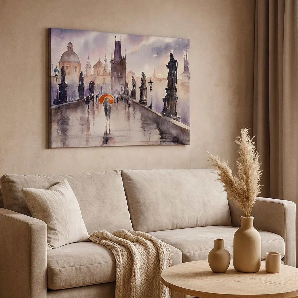 Tablou pe pânză Canvas - Vedere romantică a unui pod cu o umbrelă pe fundalul unui oraș de seară - 70x50cm - Oamenii nu se schimbă - Decorațiune modernă pentru perete pentru living și dormitor ARTTOR