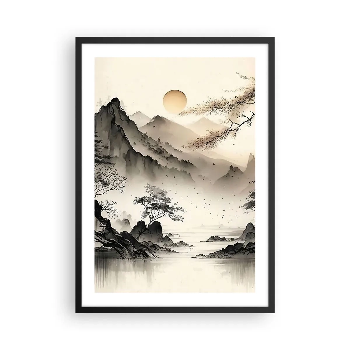 Poster în ramă neagră - Un peisaj montan minimalist în stil japonez - 50x70cm - Farmecul unic al Orientului - Decorațiune modernă pentru perete pentru living și dormitor ARTTOR