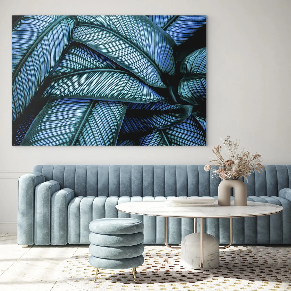 Tablou pe sticlă - Un prim-plan al frunzelor turcoaz cu o textură intensă. - 70x50cm - Linii de viață - Decorațiune modernă pentru perete pentru living și dormitor ARTTOR