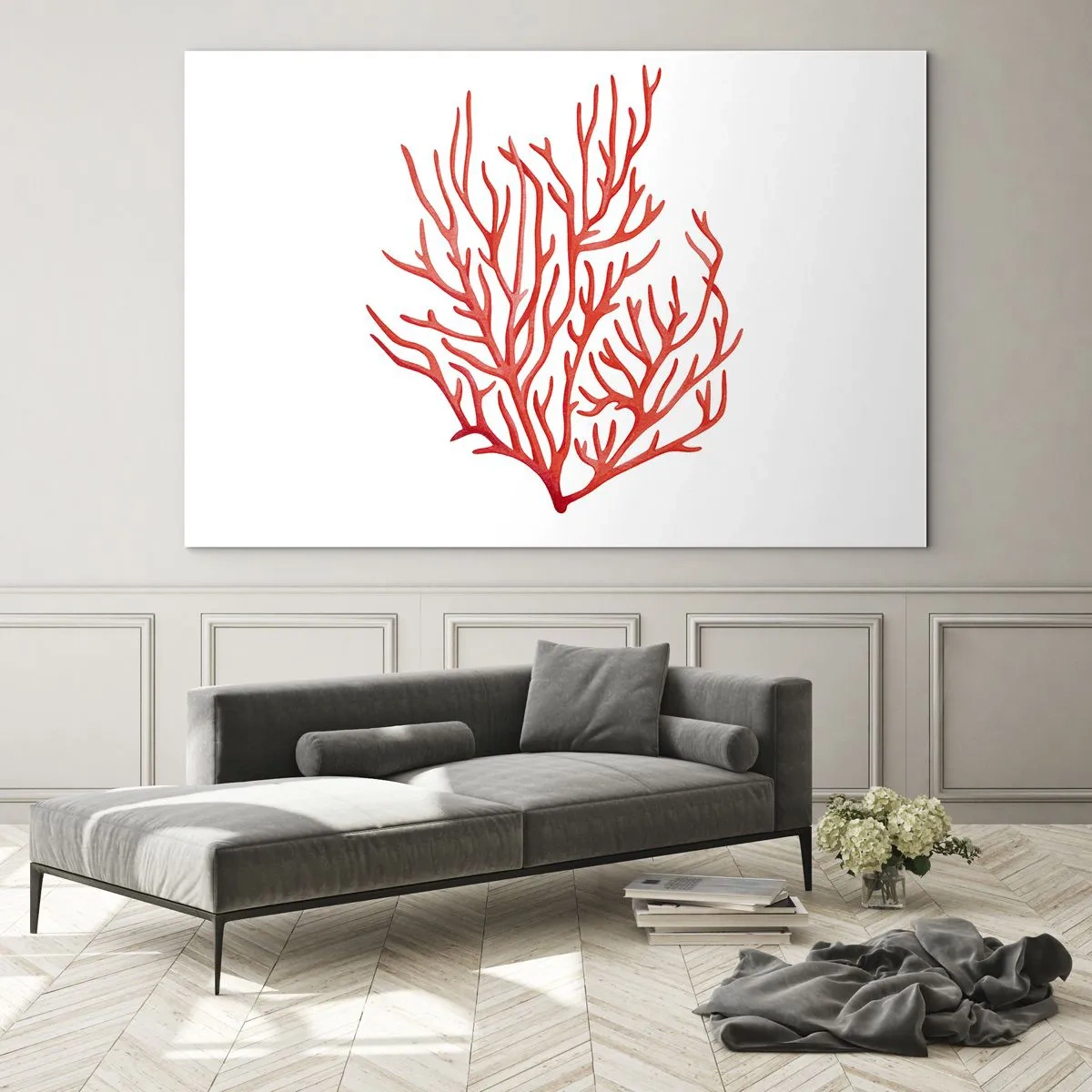 Tablou pe sticlă - Coral roșu cu o structură filigrană pe un fundal alb - 70x50cm - Coral filigranat - Decorațiune modernă pentru perete pentru living și dormitor ARTTOR