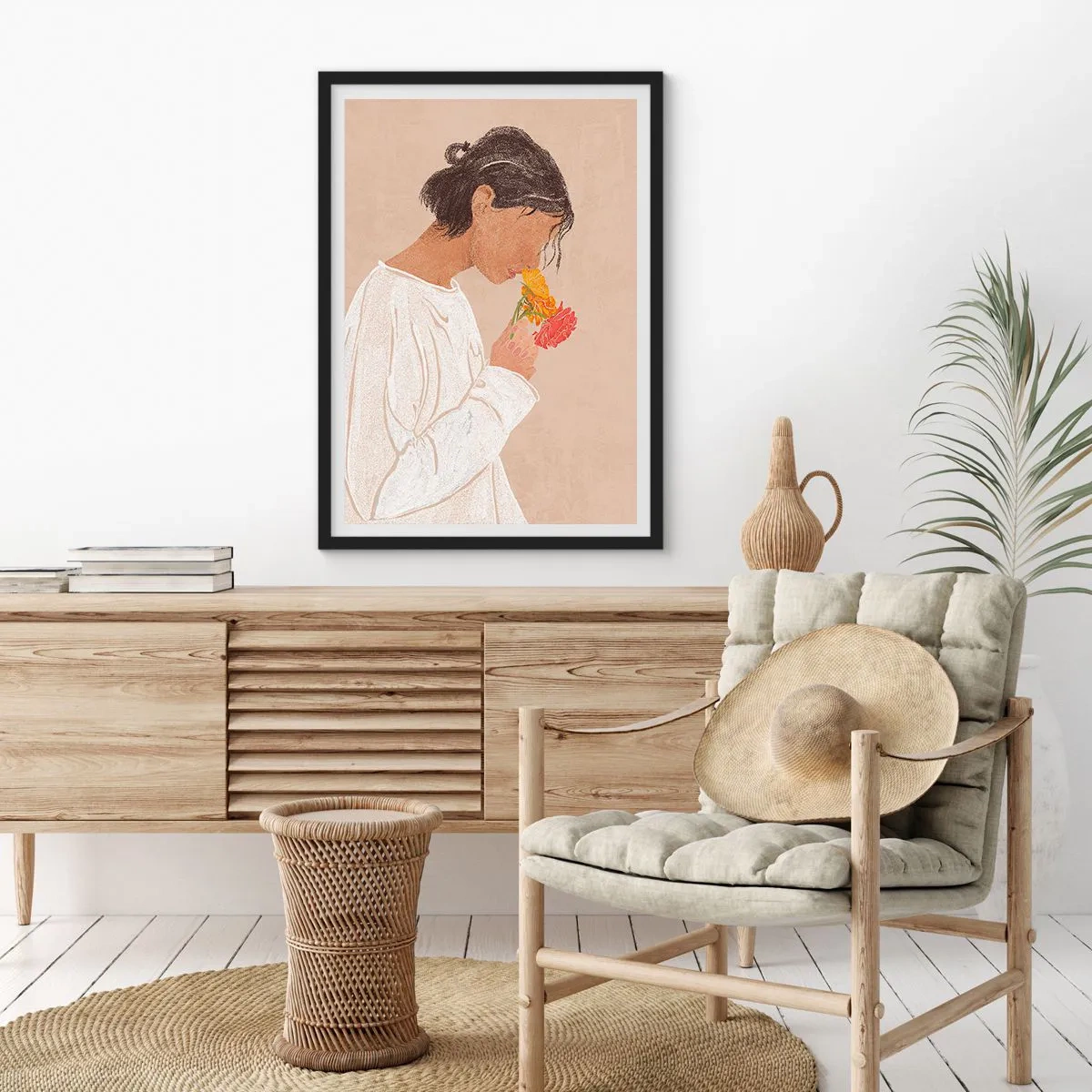 Poster în ramă neagră - O femeie în alb reflectând asupra florilor - 50x70cm - Fată și floare - Decorațiune modernă pentru perete pentru living și dormitor ARTTOR