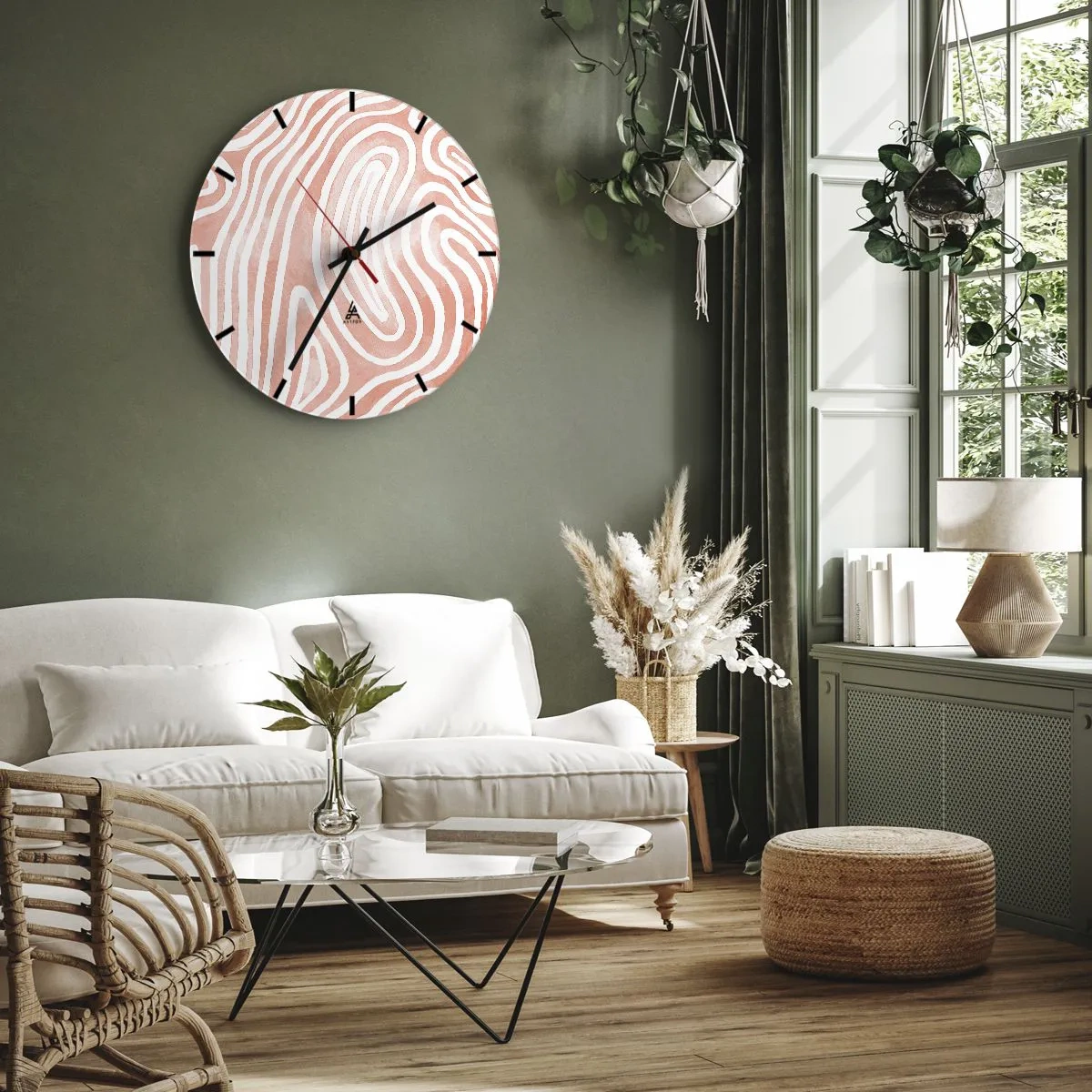 Ceas de perete - Ceas pe sticlă - Model abstract care seamănă cu amprente digitale în roz - 30x30cm - Într-un labirint de coral - Decorațiune modernă pentru perete pentru living, bucătărie și dormitor ARTTOR