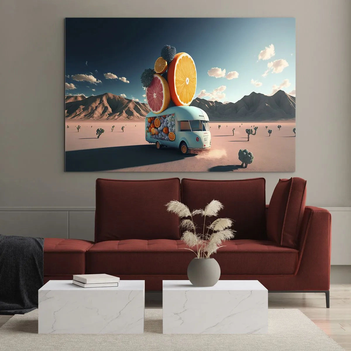 Tablou pe sticlă - O rulotă turcoaz cu fructe pe fundalul unui peisaj deșertic - 70x50cm - Gustul vacanței - Decorațiune modernă pentru perete pentru living și dormitor ARTTOR
