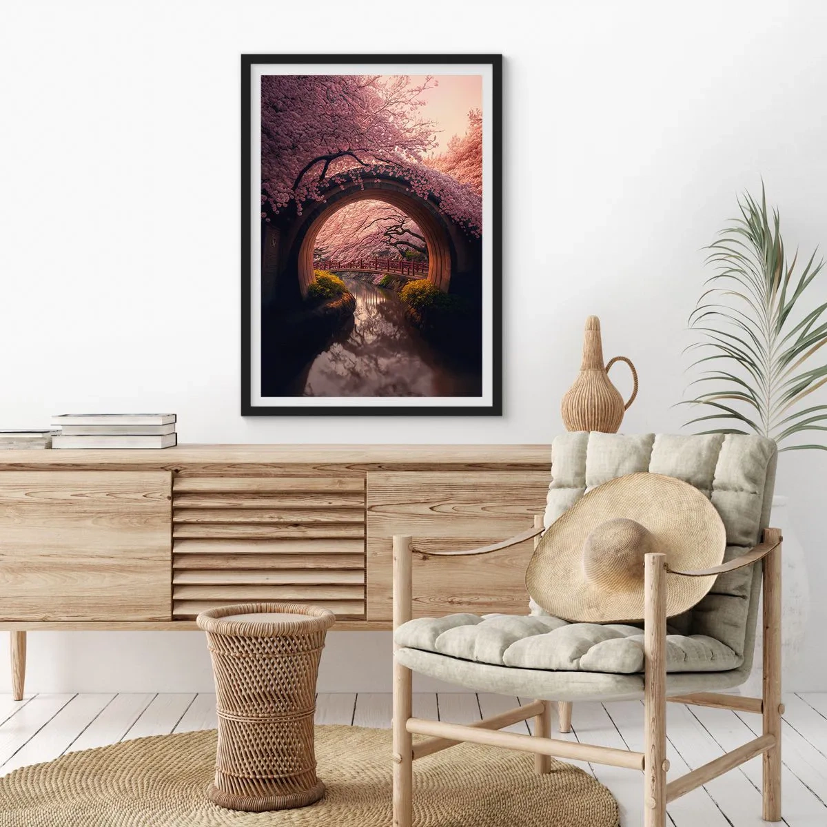 Poster în ramă neagră - Un pod romantic printre flori de cireș - 50x70cm - Primăvara japoneză - Decorațiune modernă pentru perete pentru living și dormitor ARTTOR