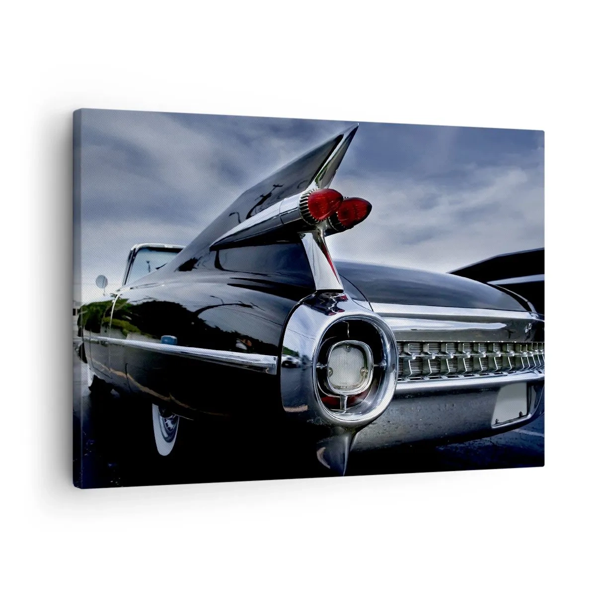 Tablou pe pânză Canvas - O mașină retro clasică cu crom strălucitor și aripioare - 70x50cm - De aceea este frumos! - Decorațiune modernă pentru perete pentru living și dormitor ARTTOR