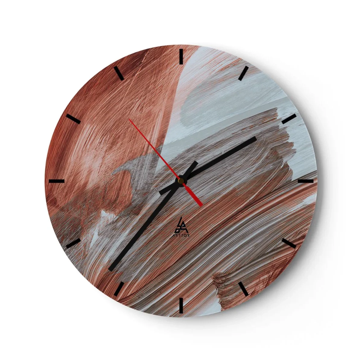 Ceas de perete - Ceas pe sticlă - Pensule de toamnă în tonuri roșiatic-gri - 30x30cm - Abstracție autumnală și vântoasă - Decorațiune modernă pentru perete pentru living, bucătărie și dormitor ARTTOR