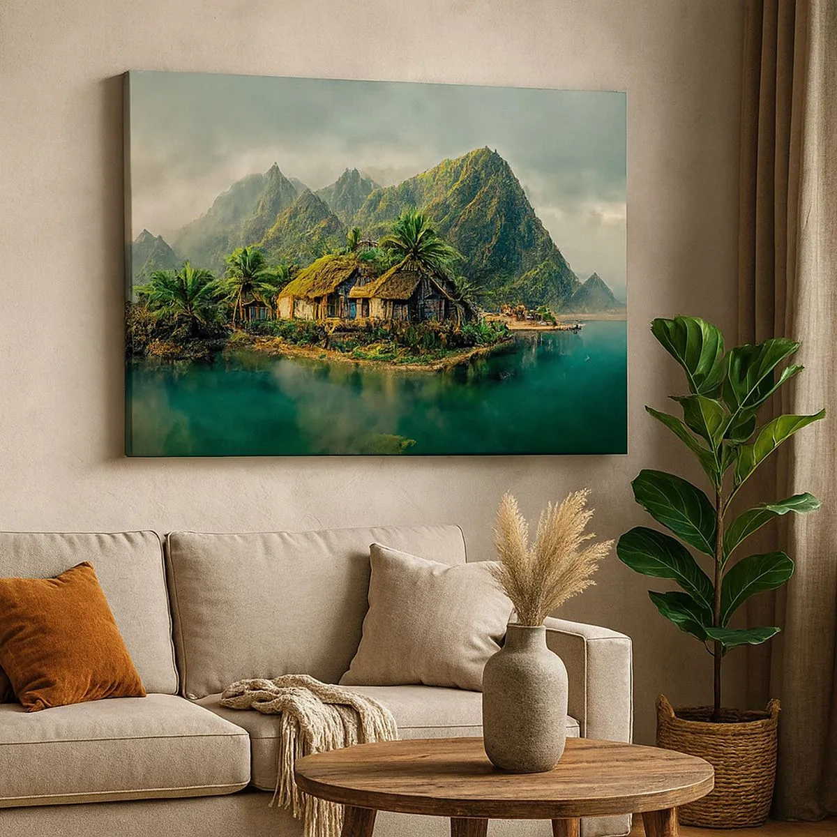 Tablou pe pânză Canvas - insulă tropicală cu palmieri și munți în fundal - 70x50cm - Paradisul tropical - Decorațiune modernă pentru perete pentru living și dormitor ARTTOR
