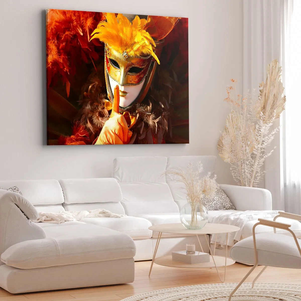 Tablou pe pânză Canvas - Mască de carnaval în nuanțe de auriu și portocaliu - 70x50cm - Misterul face parte din joc - Decorațiune modernă pentru perete pentru living și dormitor ARTTOR