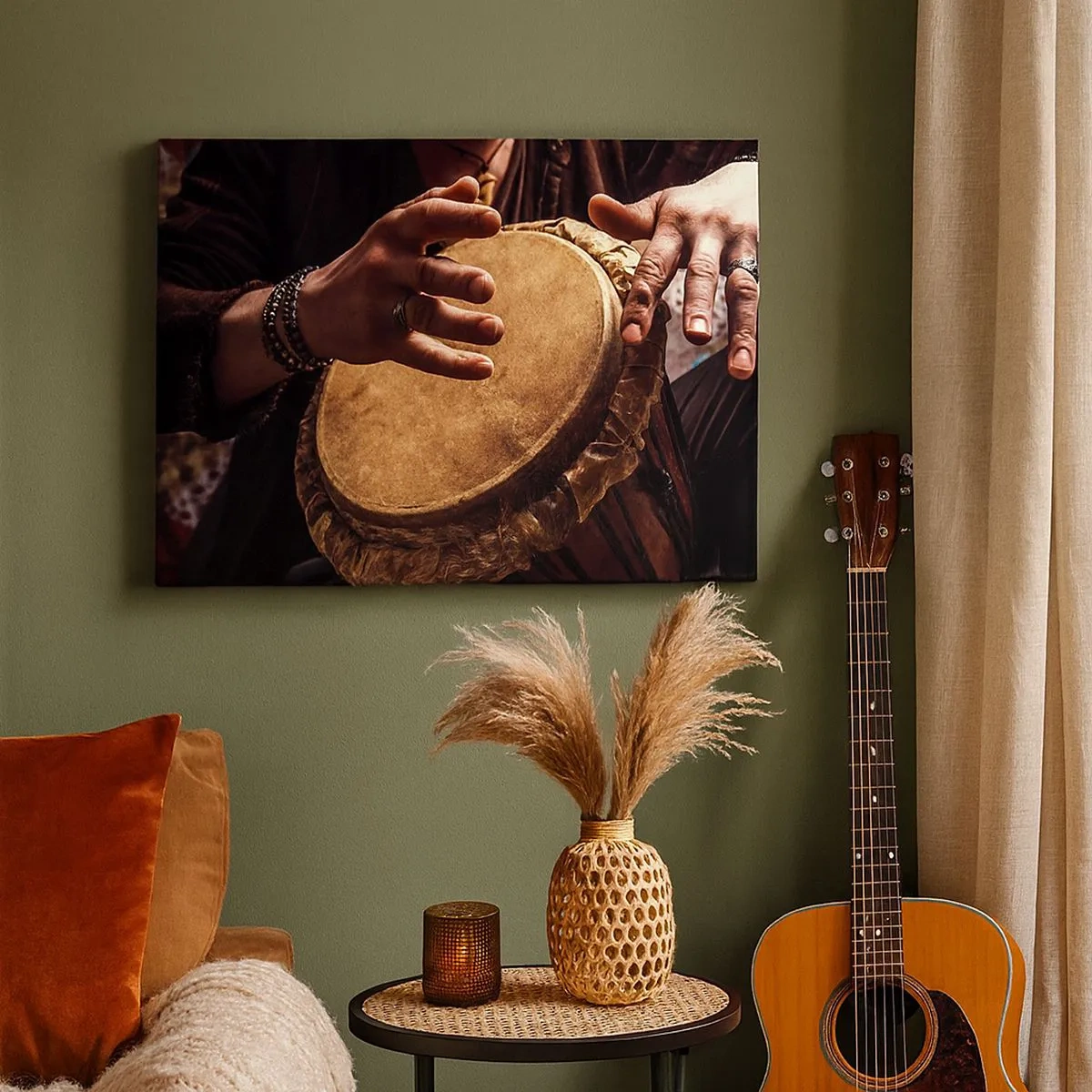 Tablou pe pânză Canvas - Mâini cântând la o tobă tradițională djembe - 70x50cm - În ritmul inimii - Decorațiune modernă pentru perete pentru living și dormitor ARTTOR