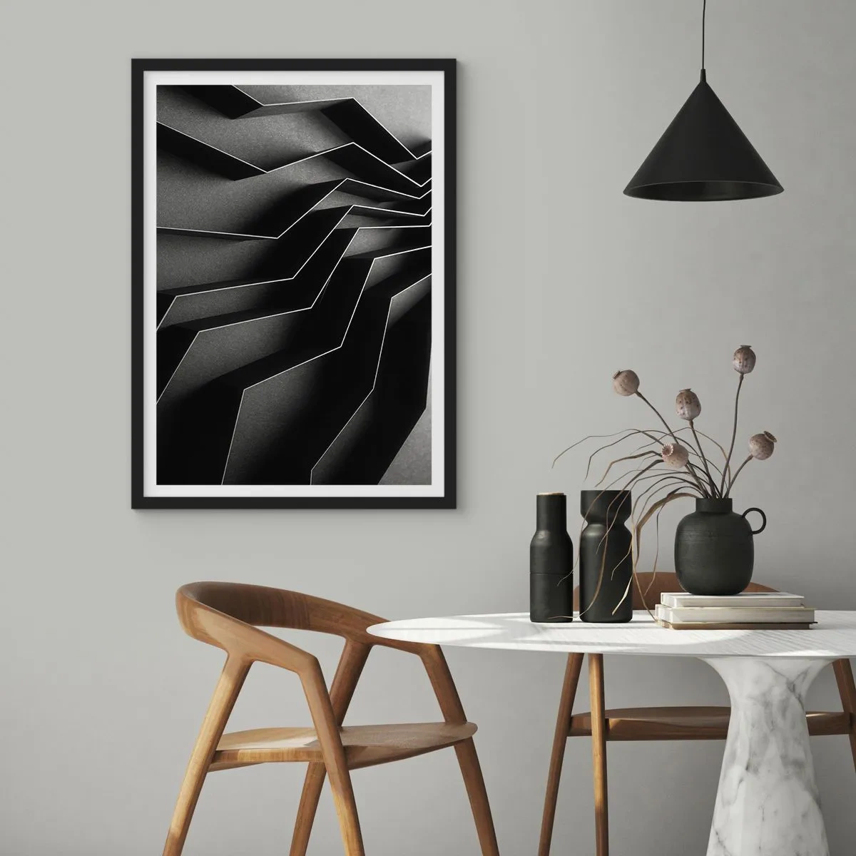 Poster în ramă neagră - O compoziție alb-negru de structuri geometrice, spațiale - 50x70cm - Ordinea spațială - Decorațiune modernă pentru perete pentru living și dormitor ARTTOR