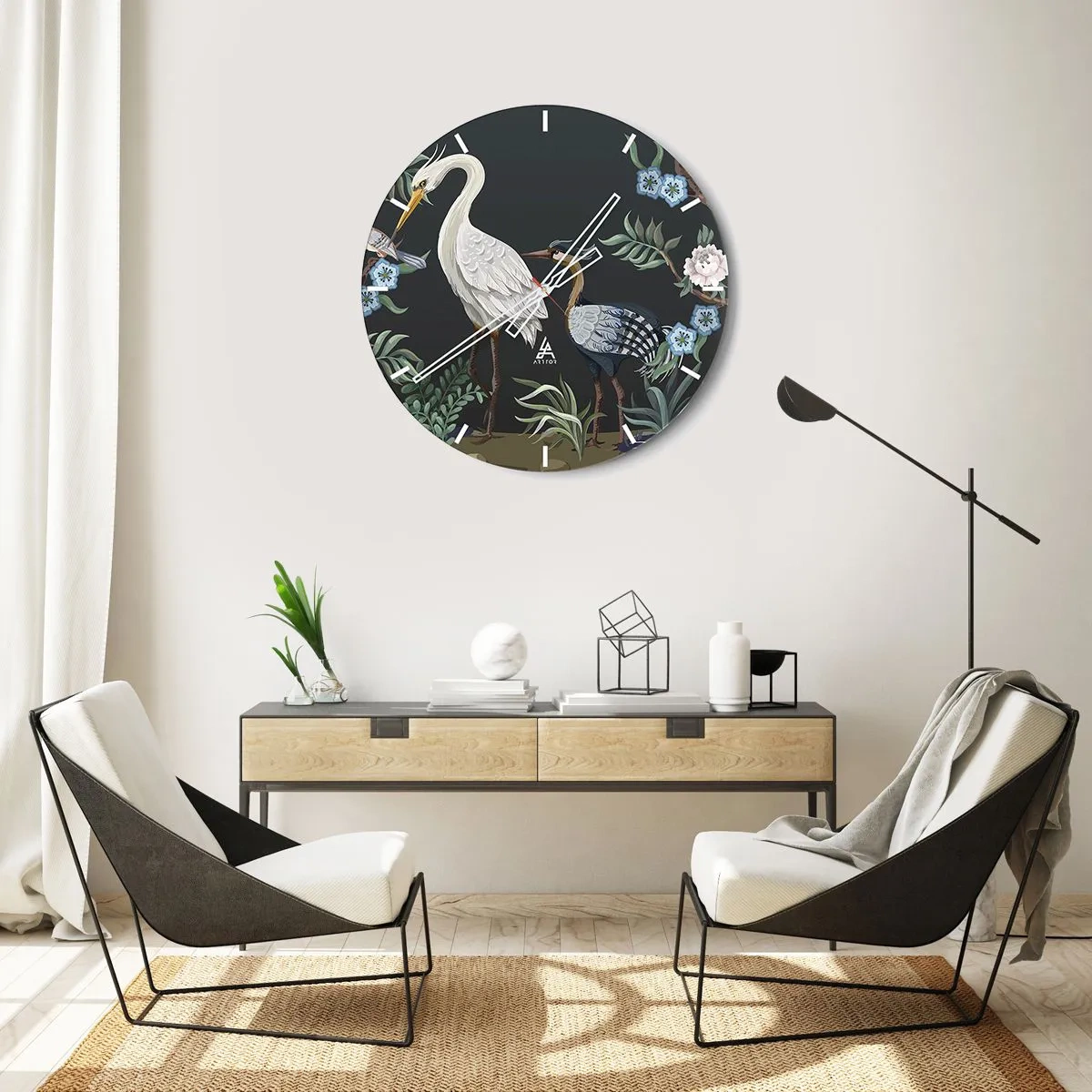 Ceas de perete - Ceas pe sticlă - Păsări decorative printre plante pe un fundal întunecat - 30x30cm - Parada păsărilor - Decorațiune modernă pentru perete pentru living, bucătărie și dormitor ARTTOR