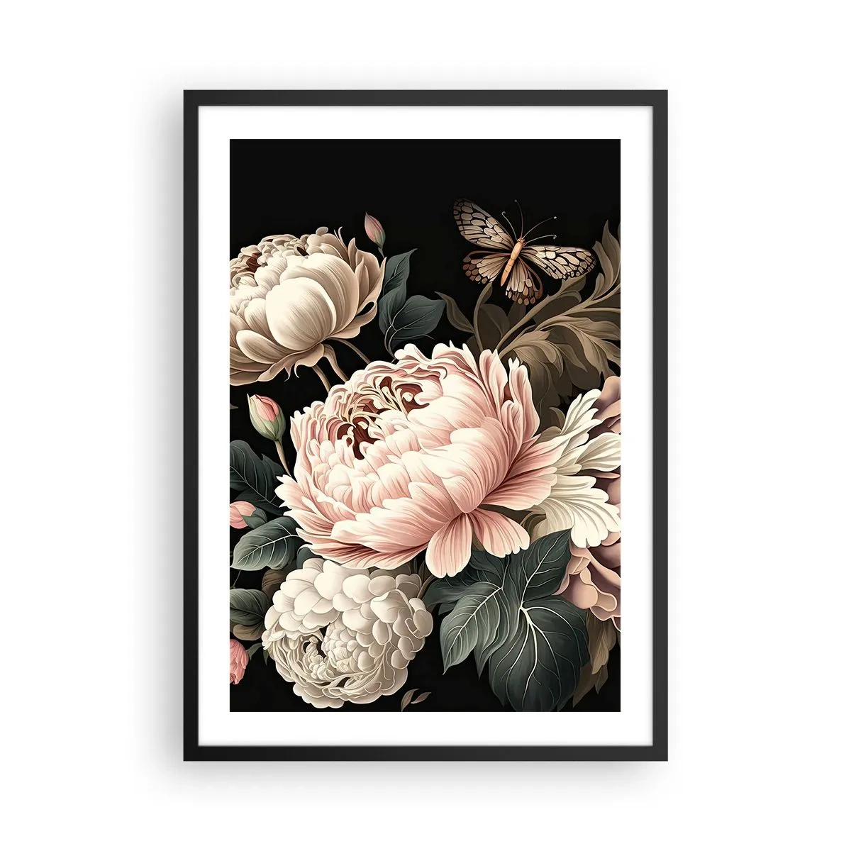 Poster în ramă neagră - Bujori eleganți și un fluture pe fundal negru - 50x70cm - În stil baroc - Decorațiune modernă pentru perete pentru living și dormitor ARTTOR