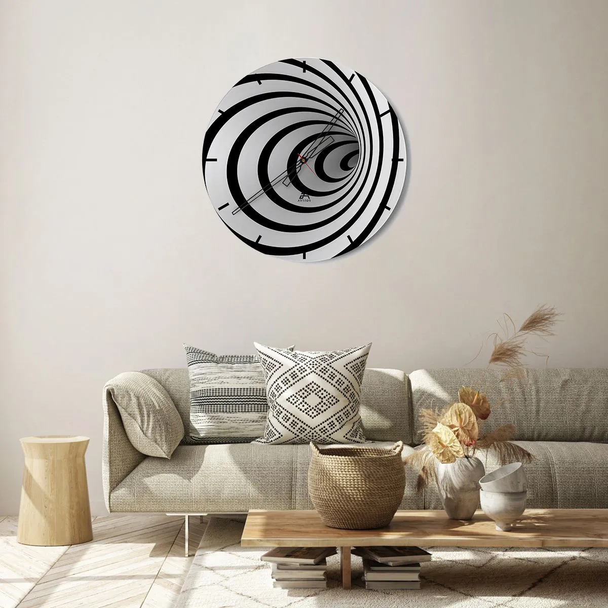 Ceas de perete - Ceas pe sticlă - Un model spiralat fascinant în alb și negru - 30x30cm - Nu poți rezista nici uneia dintre ele? - Decorațiune modernă pentru perete pentru living, bucătărie și dormitor ARTTOR
