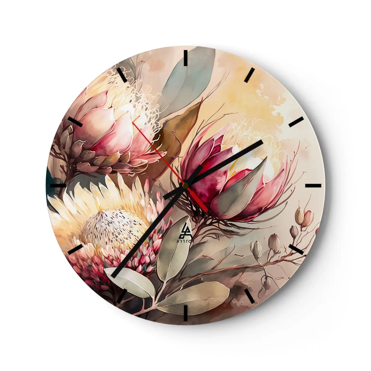 Ceas de perete - Ceas pe sticlă - Flori artistice de protea pe un fundal deschis - 30x30cm - Profil și en face - Decorațiune modernă pentru perete pentru living, bucătărie și dormitor ARTTOR