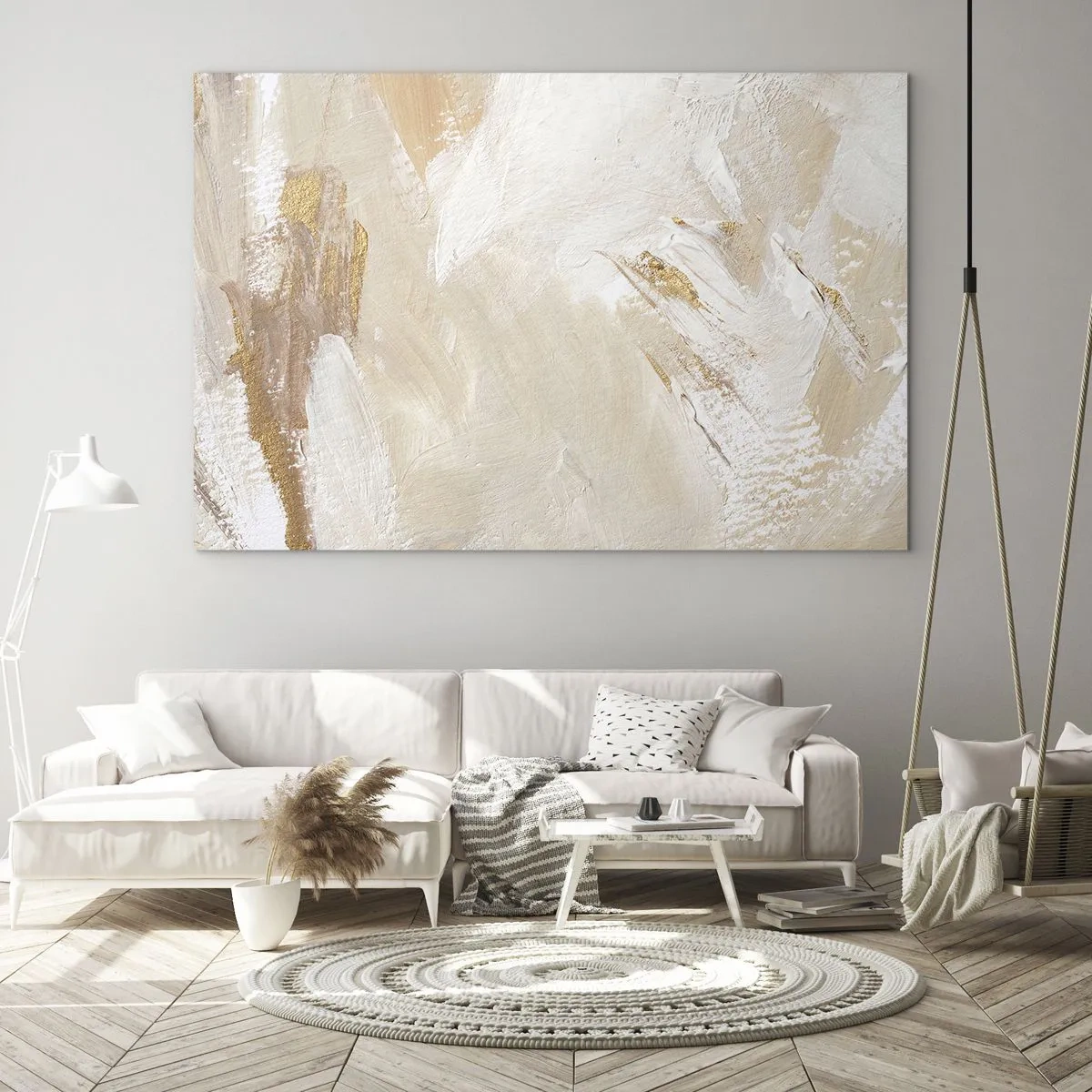 Tablou pe sticlă - Abstracție bej și albă cu accente aurii - 70x50cm - Compoziție pastel - Decorațiune modernă pentru perete pentru living și dormitor ARTTOR