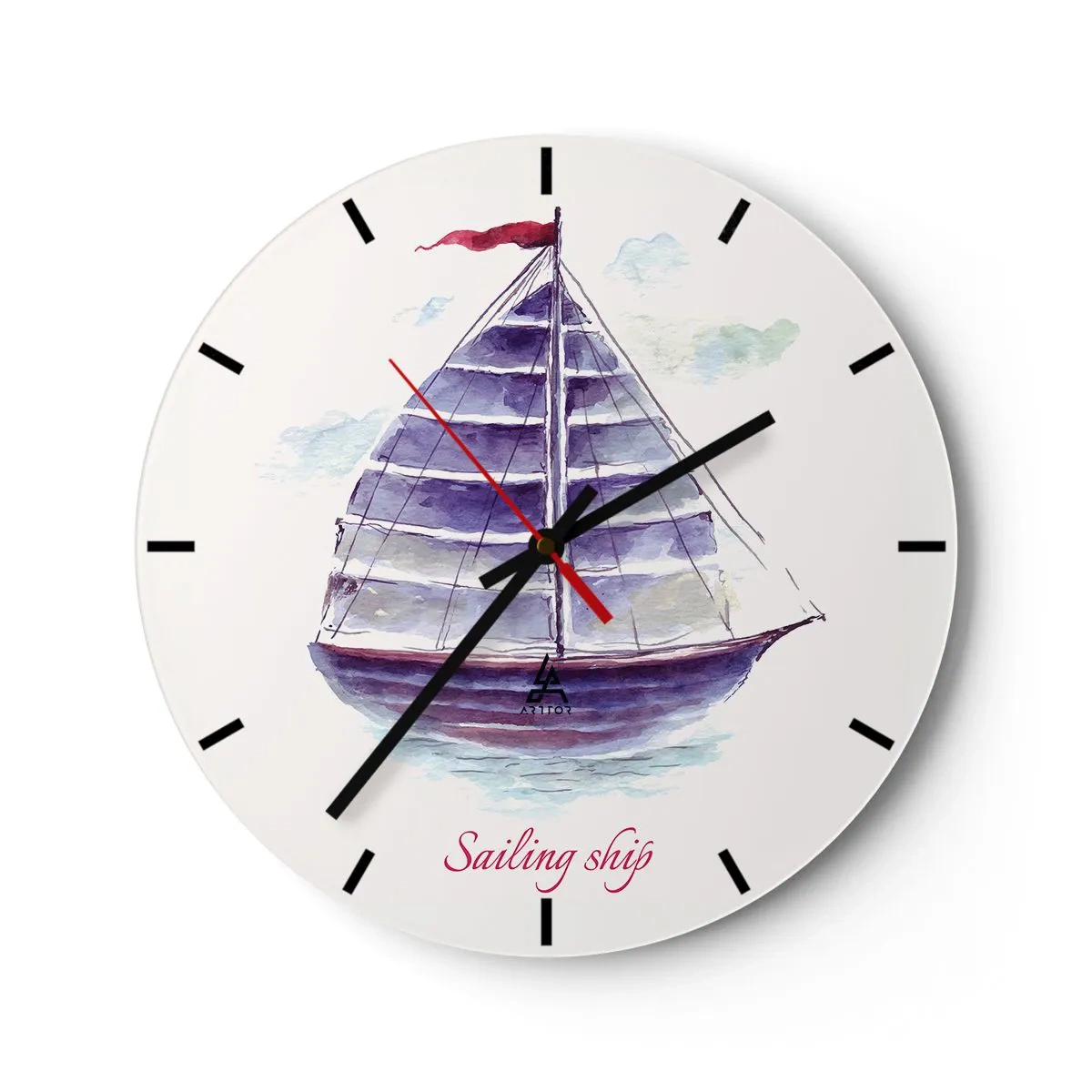 Ceas de perete - Ceas pe sticlă - O barcă cu pânze violetă cu catarg roșu pe o mare calmă - 30x30cm - Pânze pline și apă calmă - Decorațiune modernă pentru perete pentru living, bucătărie și dormitor ARTTOR