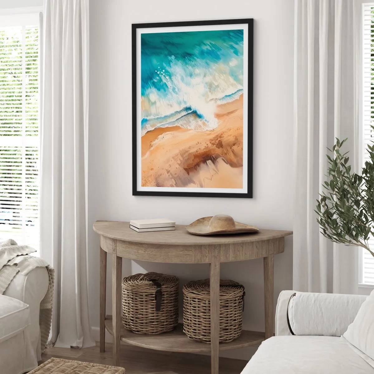 Poster în ramă neagră - O scenă abstractă a unui val care se izbește de țărm în nuanțe de turcoaz și nisip. - 50x70cm - Unda de întoarcere - Decorațiune modernă pentru perete pentru living și dormitor ARTTOR