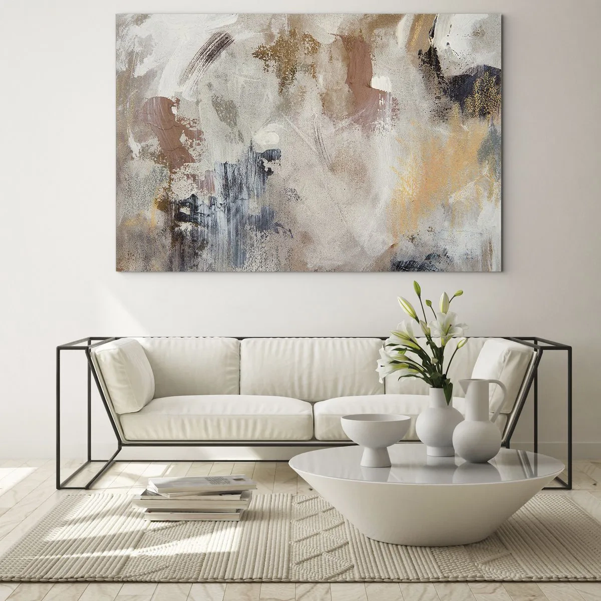 Tablou pe sticlă - Compoziție abstractă bej și maro într-un stil cețos - 70x50cm - Abstracție cețoasă - Decorațiune modernă pentru perete pentru living și dormitor ARTTOR