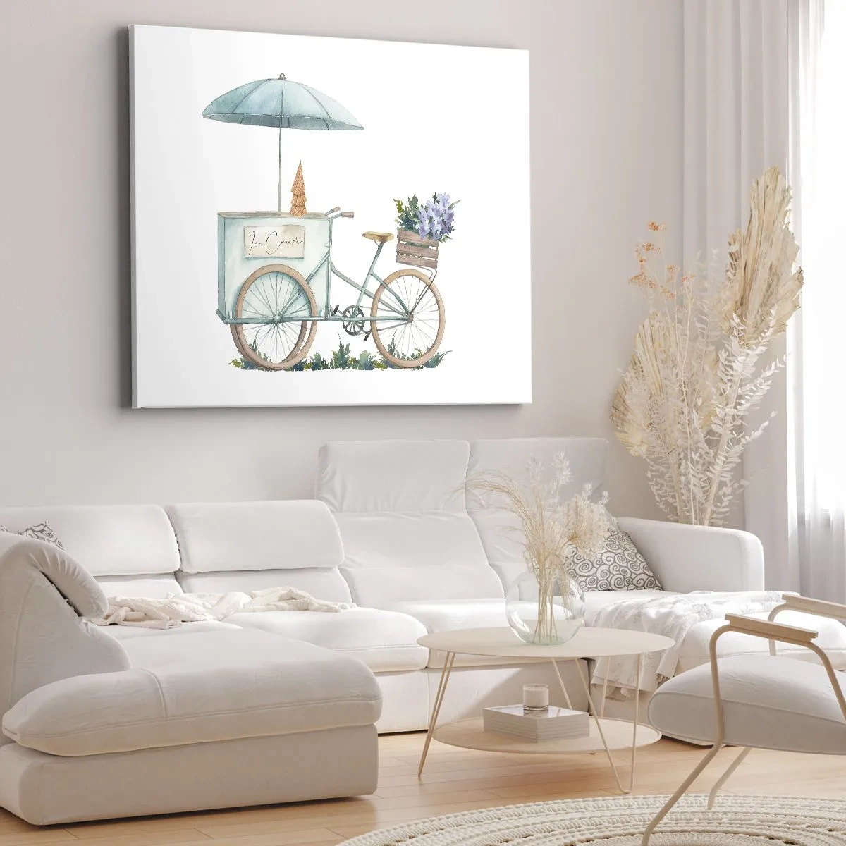Tablou pe pânză Canvas - O bicicletă cu înghețată și flori sub o umbrelă în culori pastelate delicate - 70x50cm - O dulce amintire de vară - Decorațiune modernă pentru perete pentru living și dormitor ARTTOR