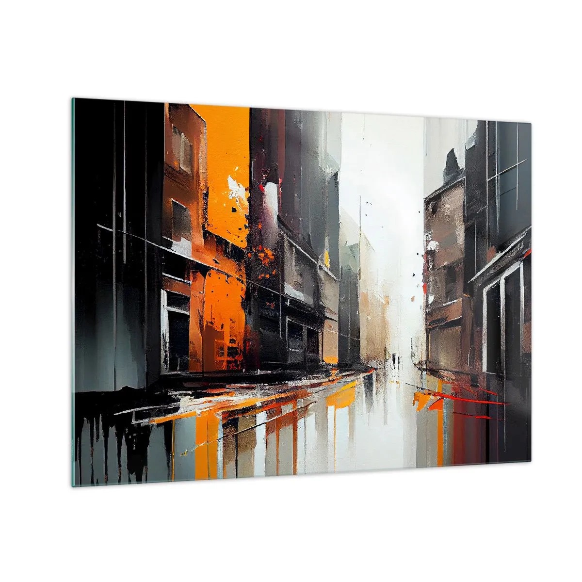 Tablou pe sticlă - O stradă în ploaie cu clădiri înalte în culori calde - 70x50cm - O zi ploioasă - Decorațiune modernă pentru perete pentru living și dormitor ARTTOR