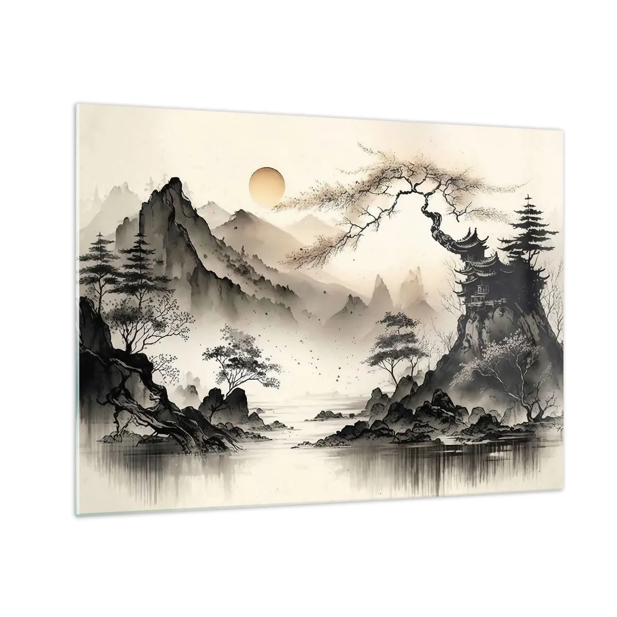 Tablou pe sticlă - Peisaj montan oriental cu pagodă și copaci - 70x50cm - Farmecul unic al Orientului - Decorațiune modernă pentru perete pentru living și dormitor ARTTOR