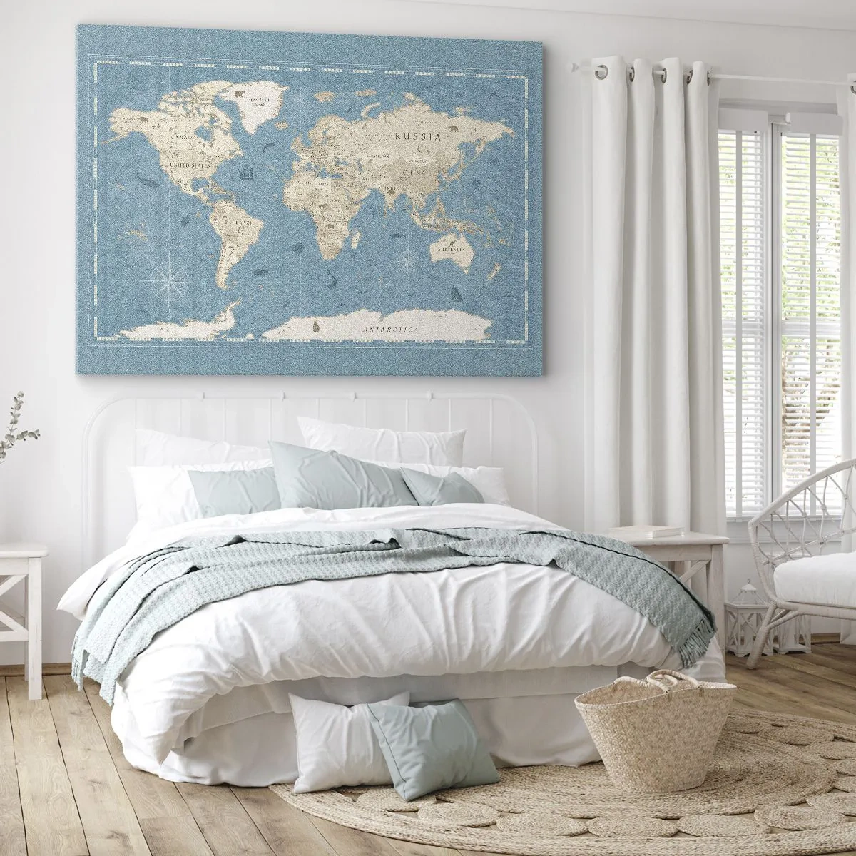 Tablou pe pânză Canvas - Hartă decorativă a lumii în nuanțe de albastru și bej - 70x50cm - Lumea la îndemână - Decorațiune modernă pentru perete pentru living și dormitor ARTTOR