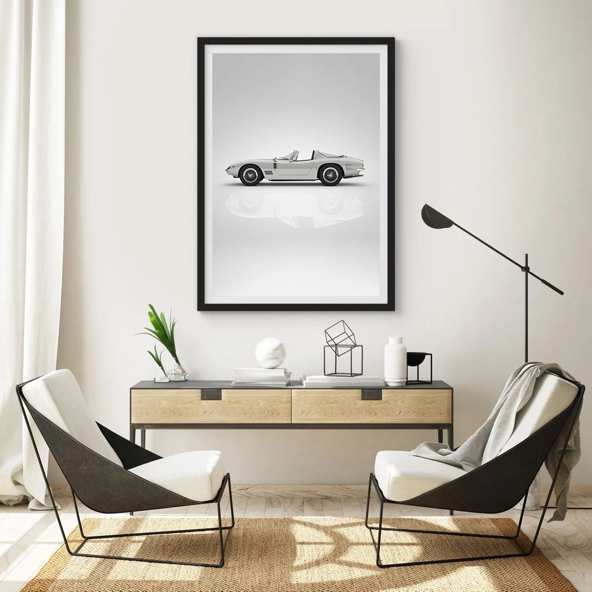 Poster în ramă neagră - Cabriolet alb clasic pe fundal neutru - 50x70cm - Promisiunea distracției - Decorațiune modernă pentru perete pentru living și dormitor ARTTOR