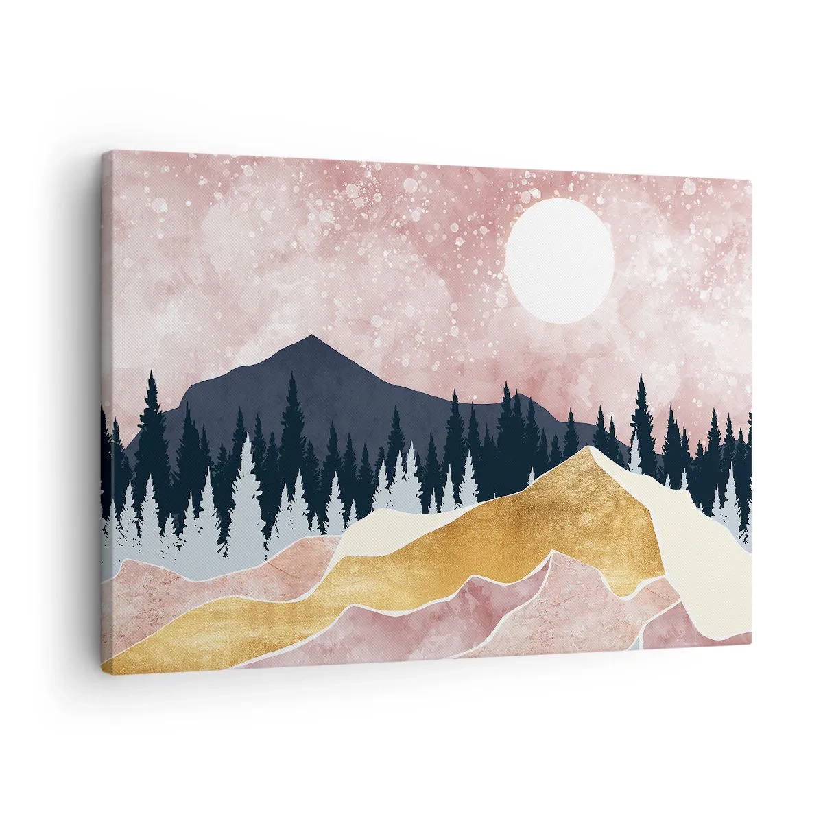 Tablou pe pânză Canvas - Munți colorați pe un cer roz cu o lună - 70x50cm - Garda de noapte - Decorațiune modernă pentru perete pentru living și dormitor ARTTOR