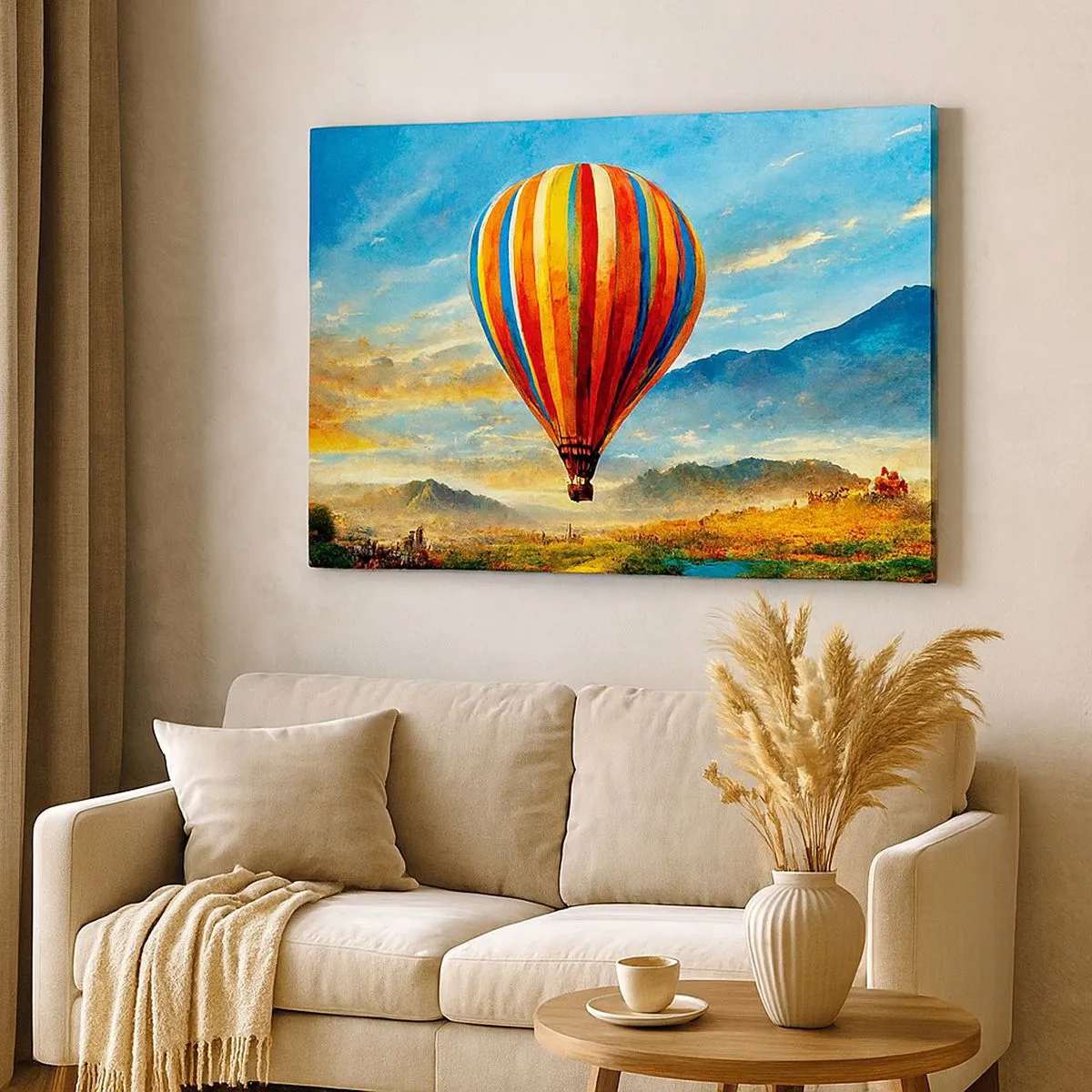 Tablou pe pânză Canvas - Un balon colorat deasupra unui peisaj pitoresc - 70x50cm - În liniște puteți vedea mai multe - Decorațiune modernă pentru perete pentru living și dormitor ARTTOR