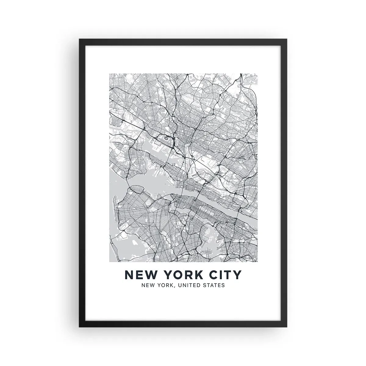 Poster în ramă neagră - O hartă minimalistă a orașului New York - 50x70cm - Anatomia unei metropole - Decorațiune modernă pentru perete pentru living și dormitor ARTTOR