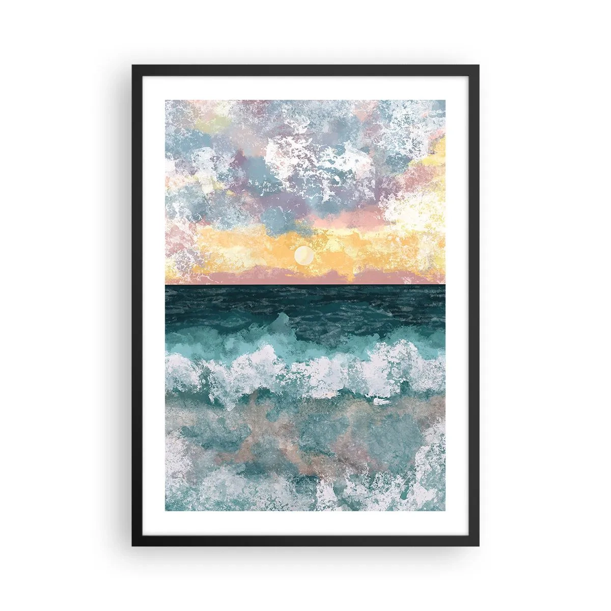 Poster în ramă neagră - Valuri ale mării și apus de soare în stil acuarelă - 50x70cm - Apă, lumină, aer - Decorațiune modernă pentru perete pentru living și dormitor ARTTOR