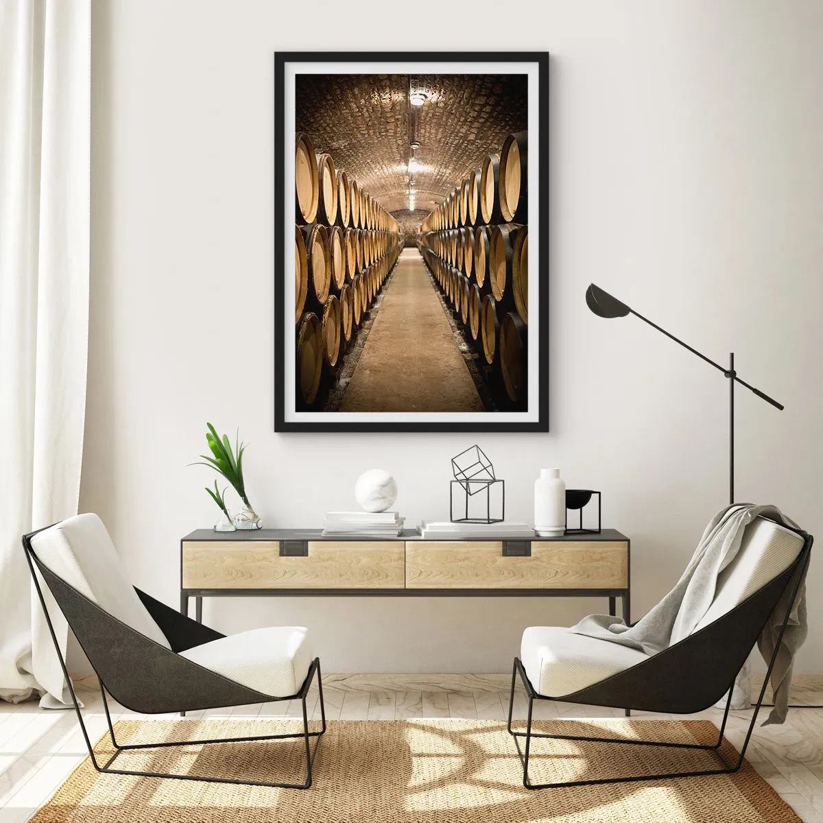 Poster în ramă neagră - O pivniță plină de butoaie de vin - 50x70cm - În pivniță de vin - Decorațiune modernă pentru perete pentru living și dormitor ARTTOR