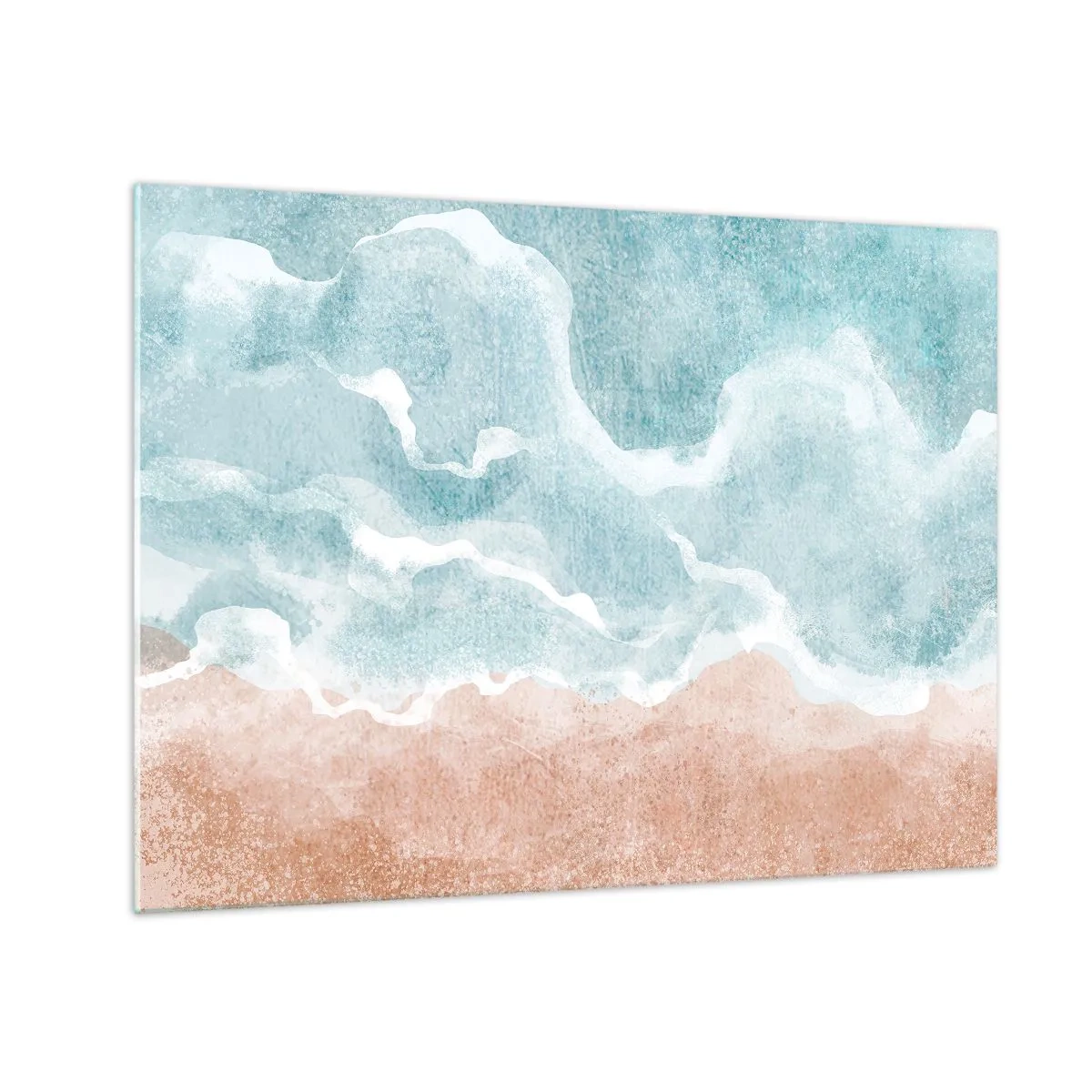 Tablou pe sticlă - Valurile pastelate în nuanțe de albastru și bej creează o abstracție tulbure. - 70x50cm - Abstracția norilor - Decorațiune modernă pentru perete pentru living și dormitor ARTTOR