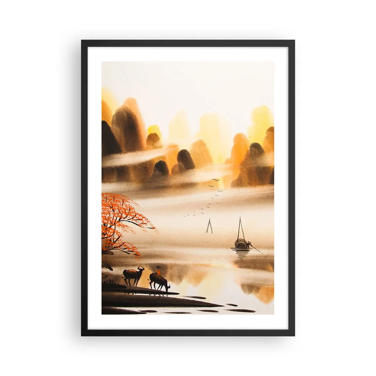 Poster în ramă neagră - Peisaj montan oriental în ceață cu o barcă și animale - 50x70cm - Mai departe decât Orientul Îndepărtat - Decorațiune modernă pentru perete pentru living și dormitor ARTTOR