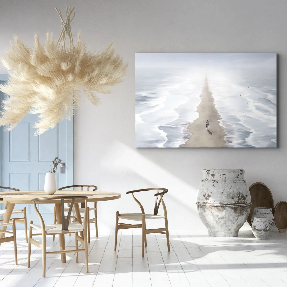 Tablou pe pânză Canvas - O figură pe un drum pustiu în mijlocul unui vast peisaj acvatic - 70x50cm - Un viitor luminos - Decorațiune modernă pentru perete pentru living și dormitor ARTTOR