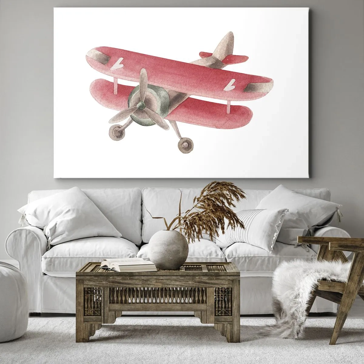 Tablou pe pânză Canvas - Avion retro roșu pe fundal alb - 70x50cm - Gata pentru zboruri la mare înălțime - Decorațiune modernă pentru perete pentru living și dormitor ARTTOR