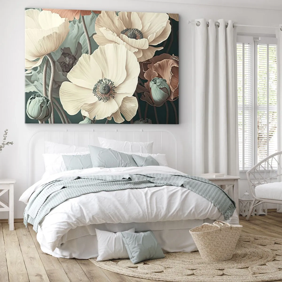 Tablou pe pânză Canvas - Flori elegante în nuanțe pastelate pe un fundal verde - 70x50cm - Șoapta macilor - Decorațiune modernă pentru perete pentru living și dormitor ARTTOR