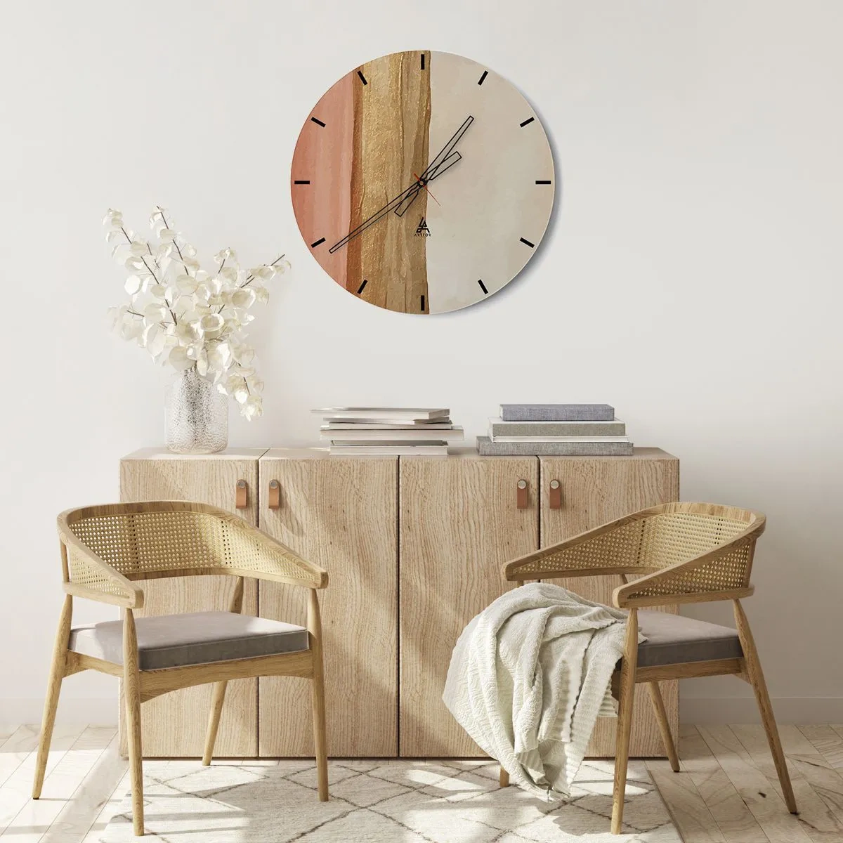 Ceas de perete - Ceas pe sticlă - Dungi verticale în nuanțe de bej, lemn și teracotă - 30x30cm - Compoziție verticală - Decorațiune modernă pentru perete pentru living, bucătărie și dormitor ARTTOR